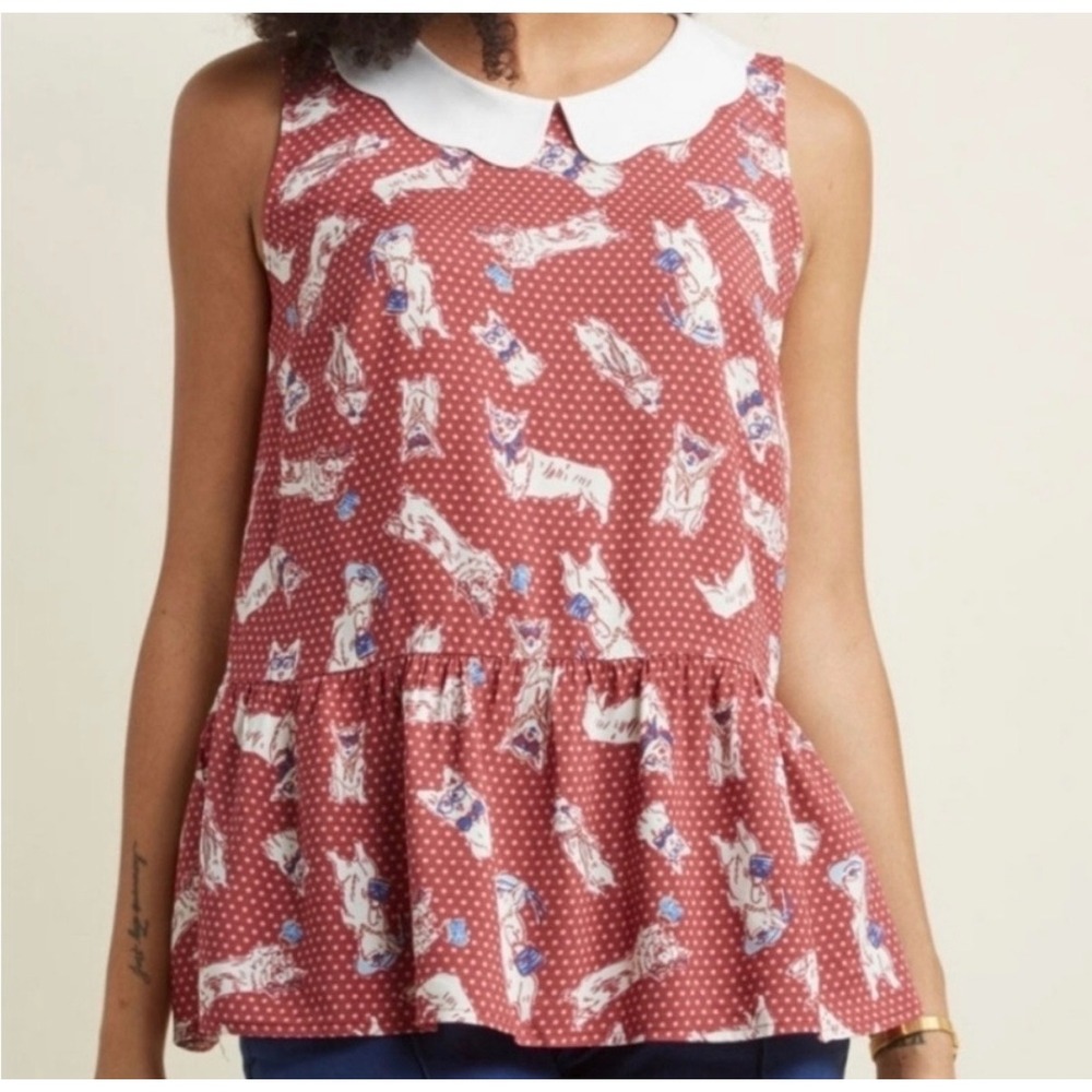 ModCloth Corgi Dog Print Polka Dot Peter Pan Collar Peplum Top Red Small